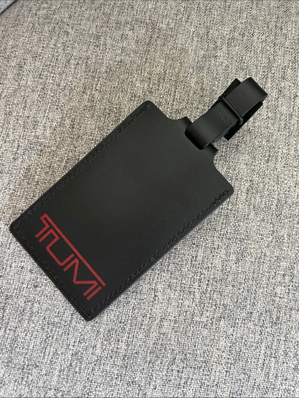 Tumi Black Leather Luggage Tag with Red Logo